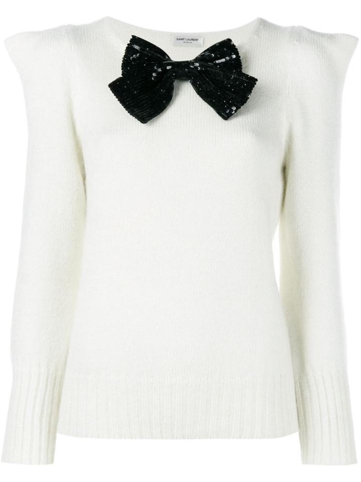 Saint Laurent Bow Embellished Sweater, Women's, Size: Large, Nude/neutrals, Silk/polyester/mohair/polyimide