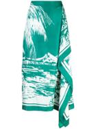 Tibi Silk Asymmetric Printed Skirt - Green