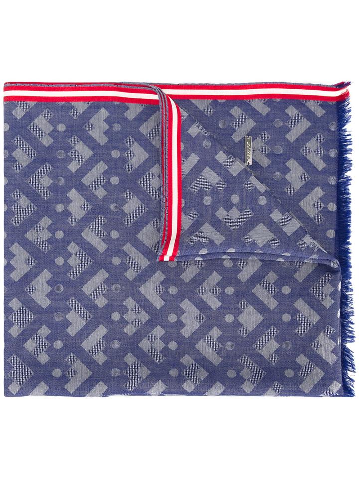 Bally Geometric Pattern Scarf, Adult Unisex, Blue, Silk/cotton/cashmere