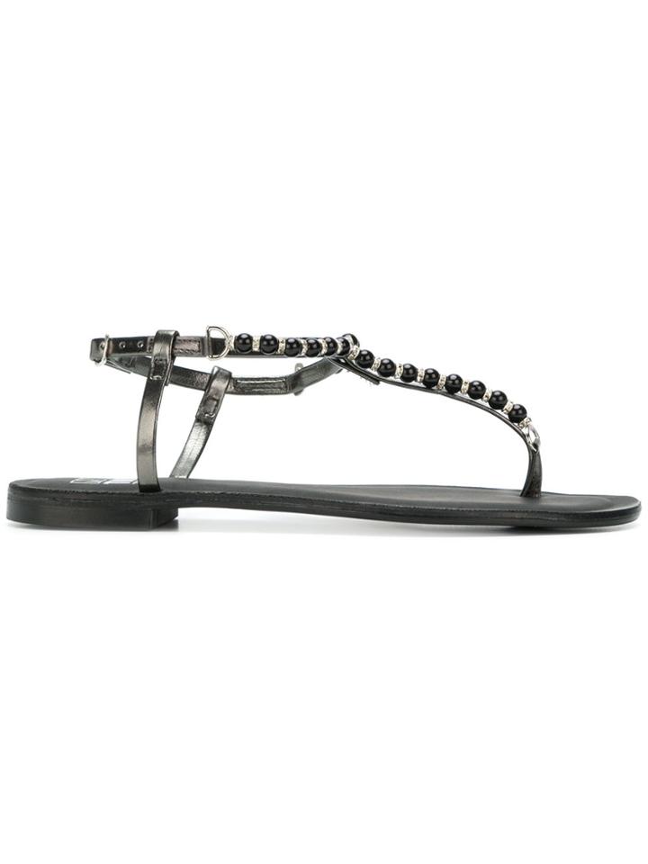Twin-set Pearl Embellished T-bar Sandals - Black