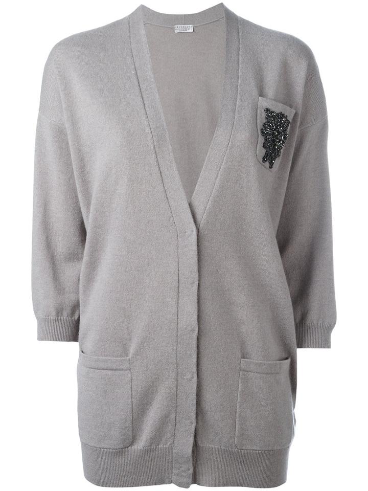 Brunello Cucinelli - Embroidered Cardigan - Women - Cashmere - S, Grey, Cashmere