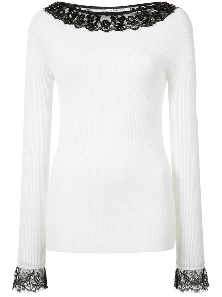 Oscar De La Renta Boat Neck Embroidered Jumper, Women's, Size: Small, White, Virgin Wool