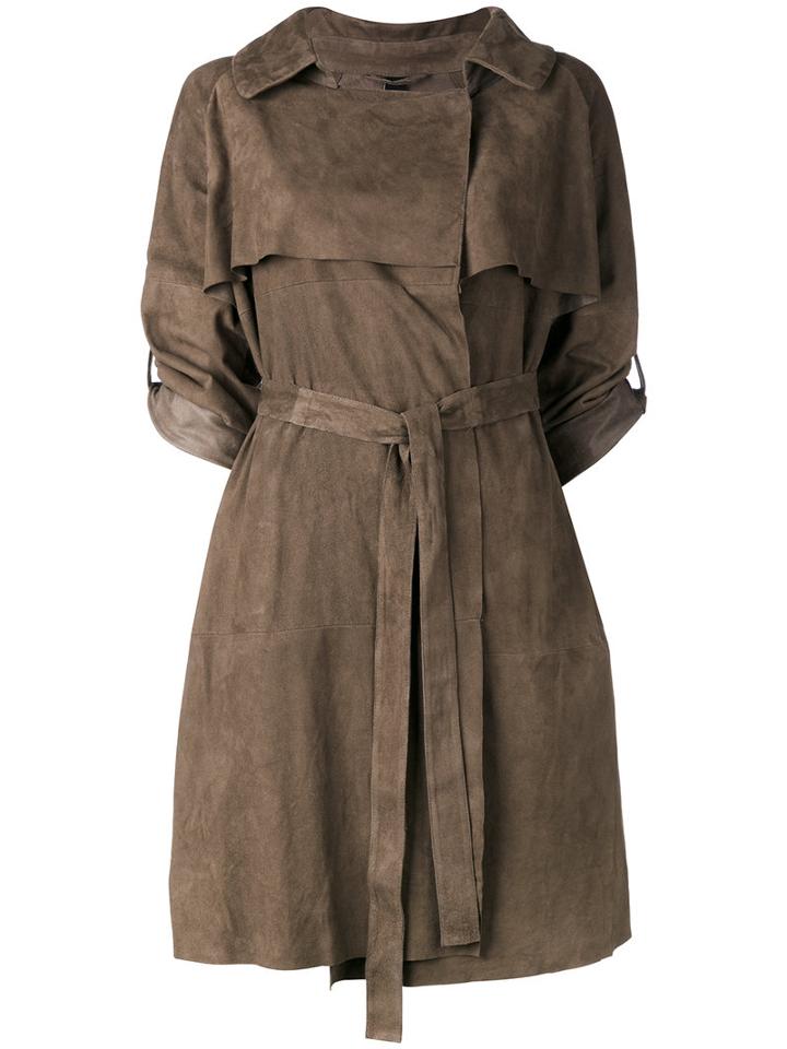 Giorgio Brato Cropped Sleeve Belt Coat, Women's, Size: 42, Brown, Leather