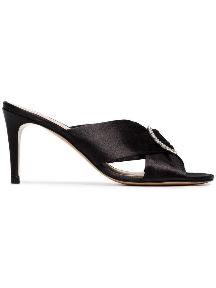Kalda Black 85 Crystal Buckle Satin Mules
