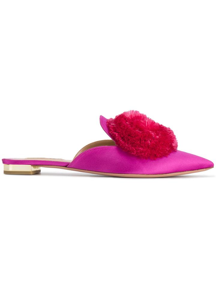 Aquazzura Pink Satin Powder Puff Flat Mules - Pink & Purple