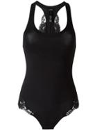 La Perla Lace Insert Racerback Bodysuit, Women's, Size: 3, Black, Spandex/elastane/nylon/cotton