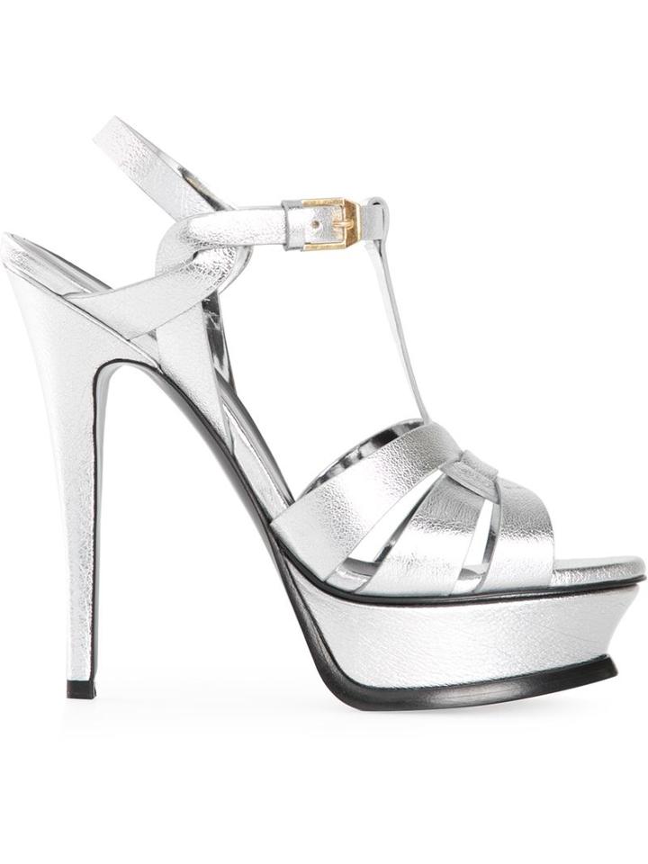 Saint Laurent Tribute Sandals, Women's, Size: 9, Grey, Leather