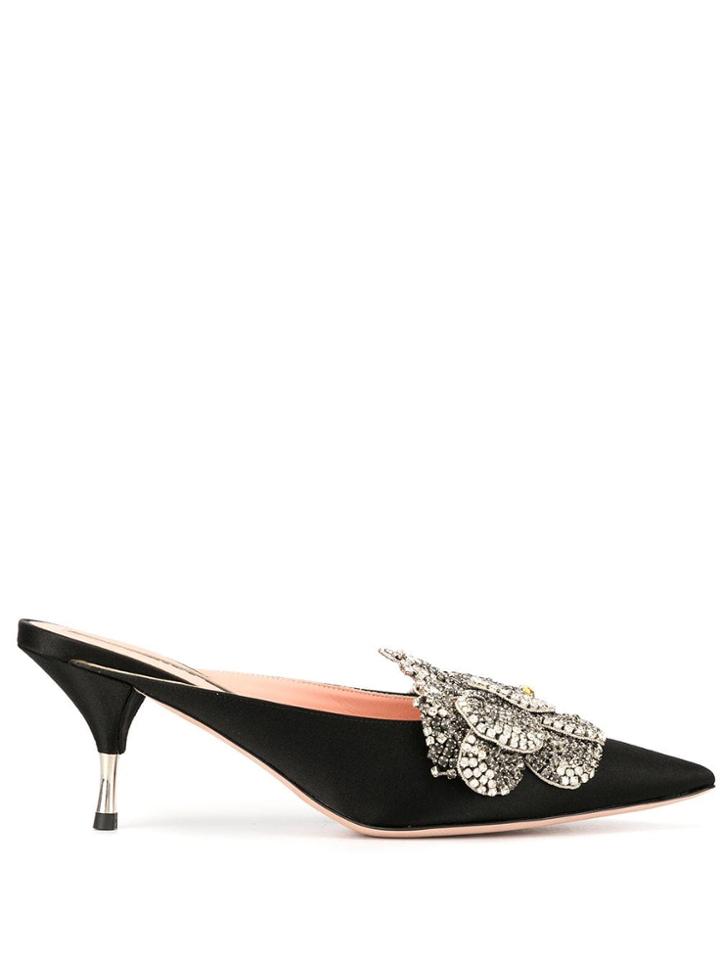 Rochas Floral Embellished Mules - Black