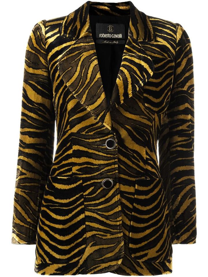 Roberto Cavalli Tiger Print Velvet Blazer, Women's, Size: 42, Black, Viscose/cotton/silk