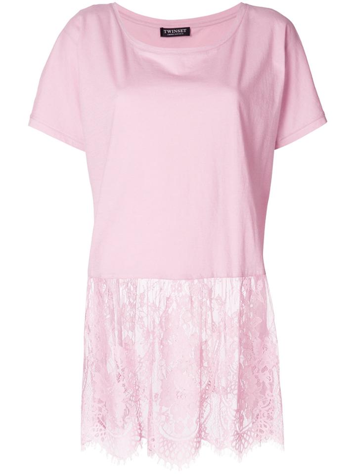 Twin-set Lace Hem T-shirt - Pink & Purple