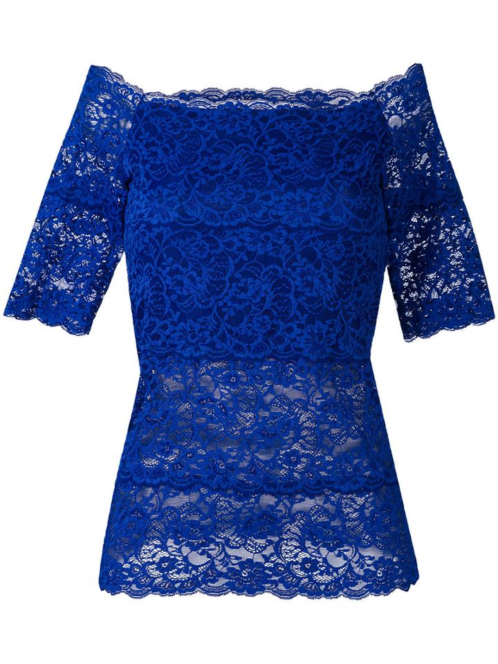 D.exterior - Boat Neck Lace Blouse - Women - Elastodiene/polyamide/spandex/elastane/viscose - M, Blue, Elastodiene/polyamide/spandex/elastane/viscose