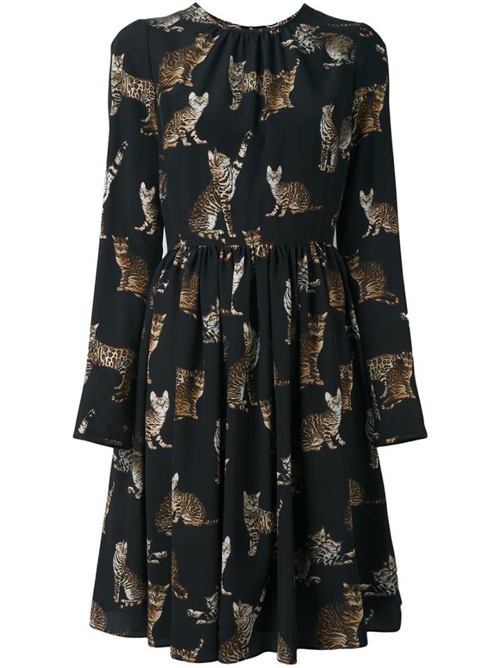 Dolce & Gabbana Bengal Cat Print Dress, Women's, Size: 40, Black, Silk/spandex/elastane