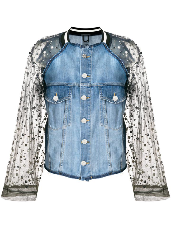 Aviù Embellished Mesh Panelled Denim Jacket - Blue