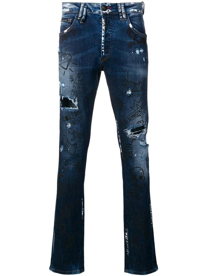 Philipp Plein Embroidered Doodle Pattern Jeans - Blue