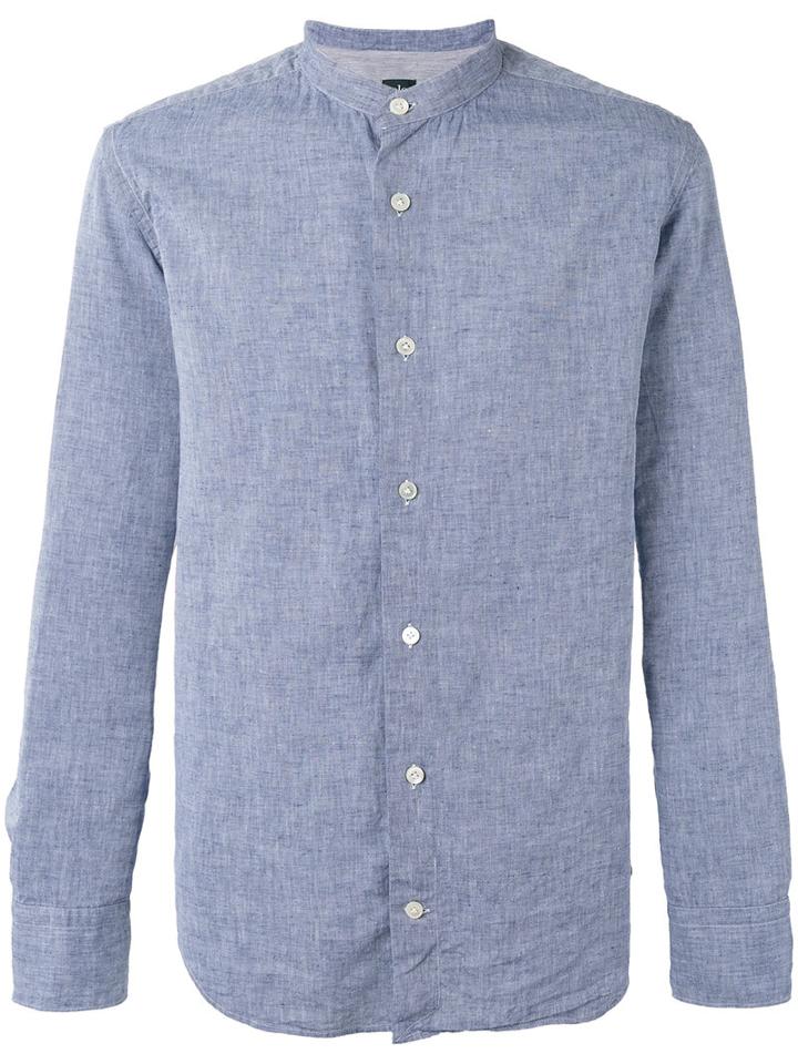 Eleventy Mandarin Neck Shirt, Men's, Size: 40, Blue, Cotton/linen/flax