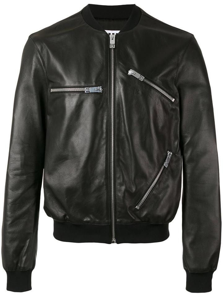Les Hommes Zips Bomber Jacket, Men's, Size: 48, Black, Cotton/lamb Skin/polyester/viscose