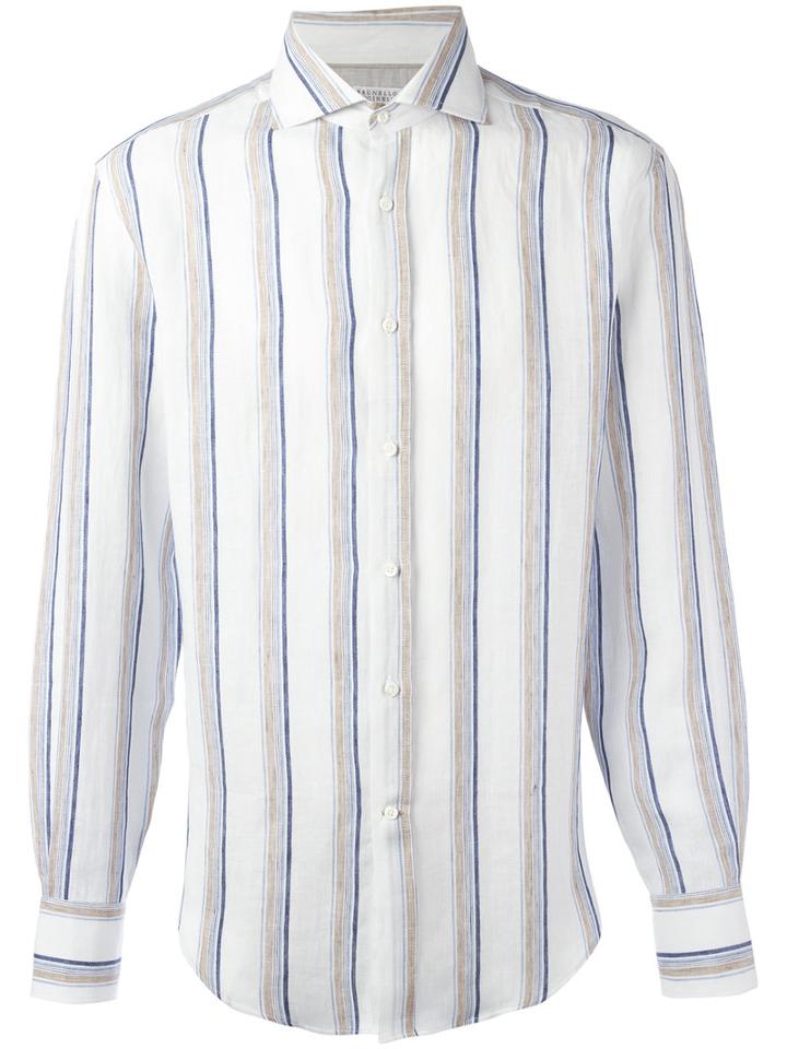 Brunello Cucinelli Striped Shirt, Men's, Size: Xxl, White, Linen/flax/cotton