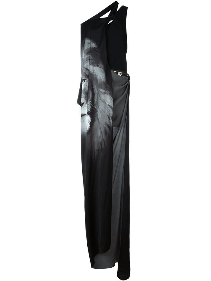 Versus Lion Print Asymmetric Long Dress, Women's, Size: 40, Black, Polyester/acetate/viscose/leather