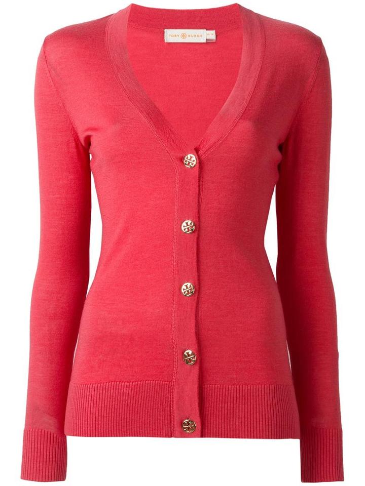 Tory Burch Logo Button Cardigan, Women's, Size: Medium, Pink/purple, Merino