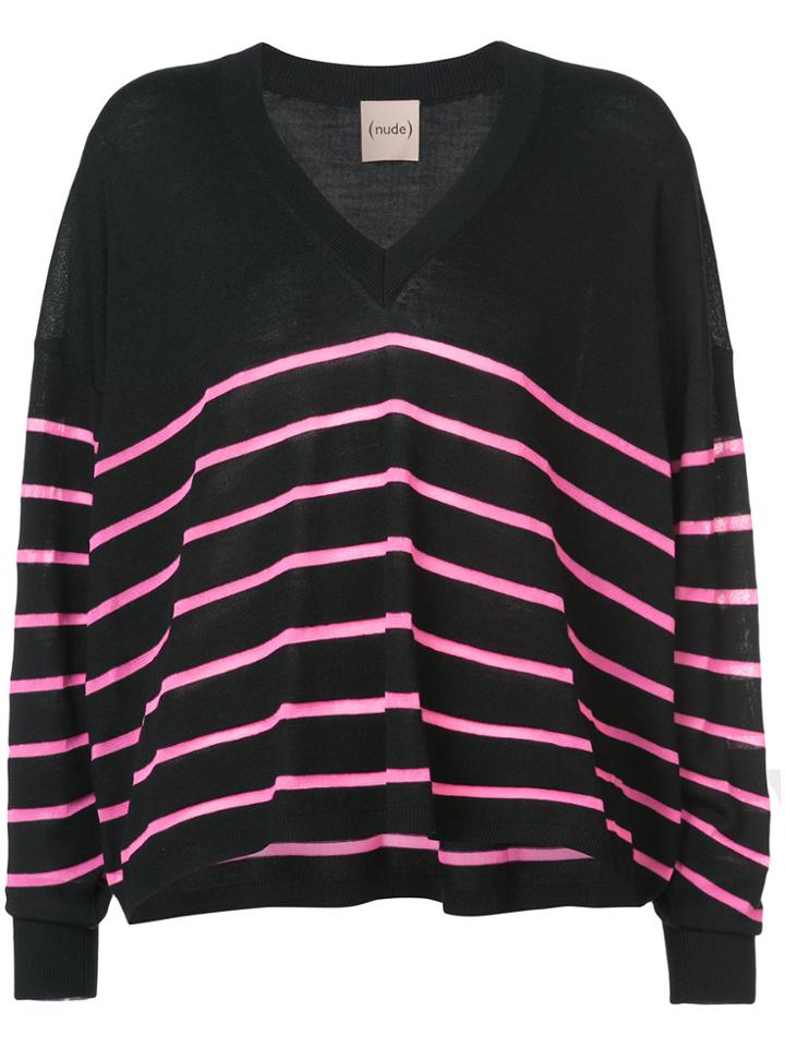 Nude Striped V-neck Sweater - Black