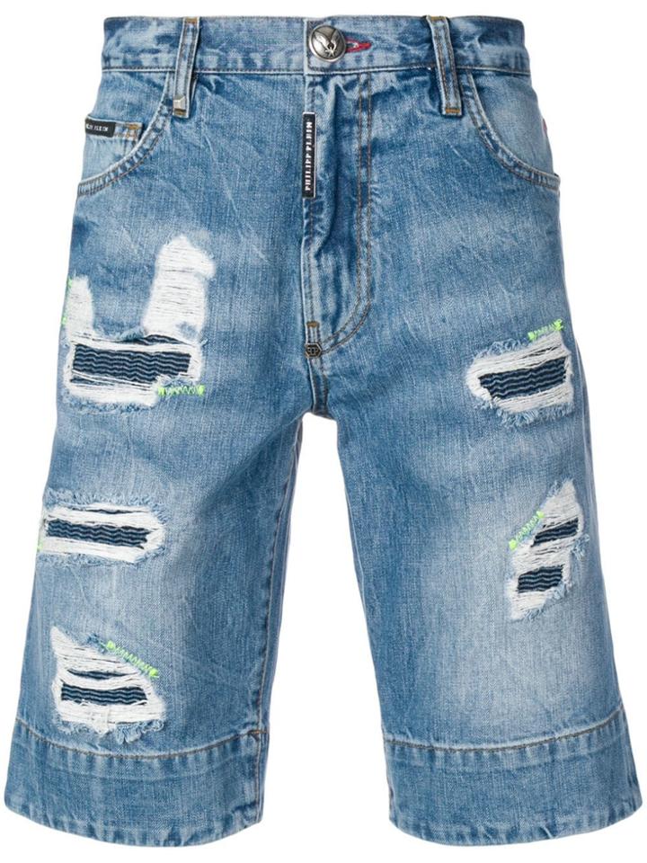 Philipp Plein Destroyed Denim Bermudas - Blue