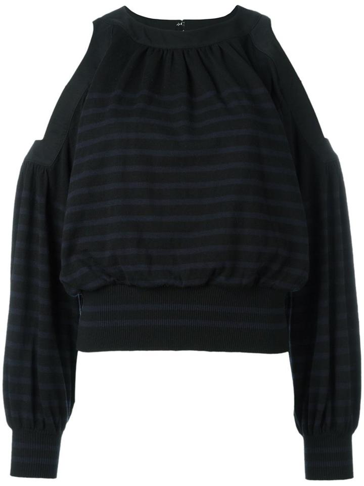 Sacai Cold Shoulder Striped Jumper, Size: 4, Black, Cotton/cashmere