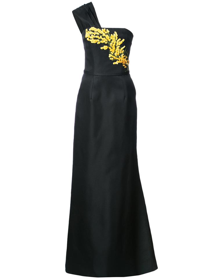 Carolina Herrera One Shoulder Embroidered Gown - Black