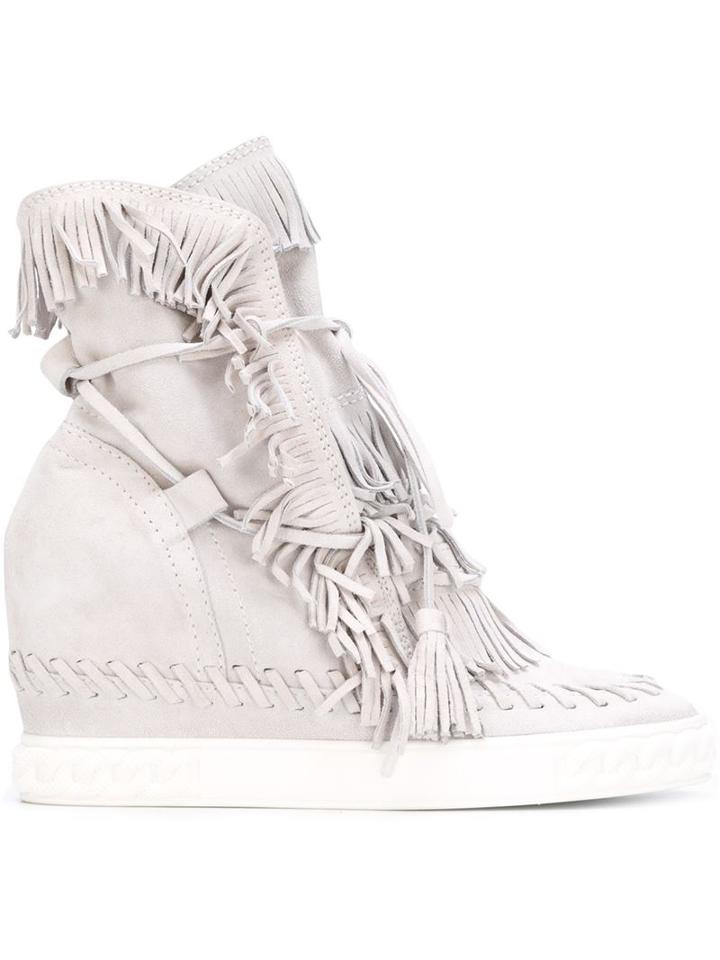 Casadei Fringed Hi-top Wedge Sneakers, Women's, Size: 40, Grey, Suede/leather/rubber