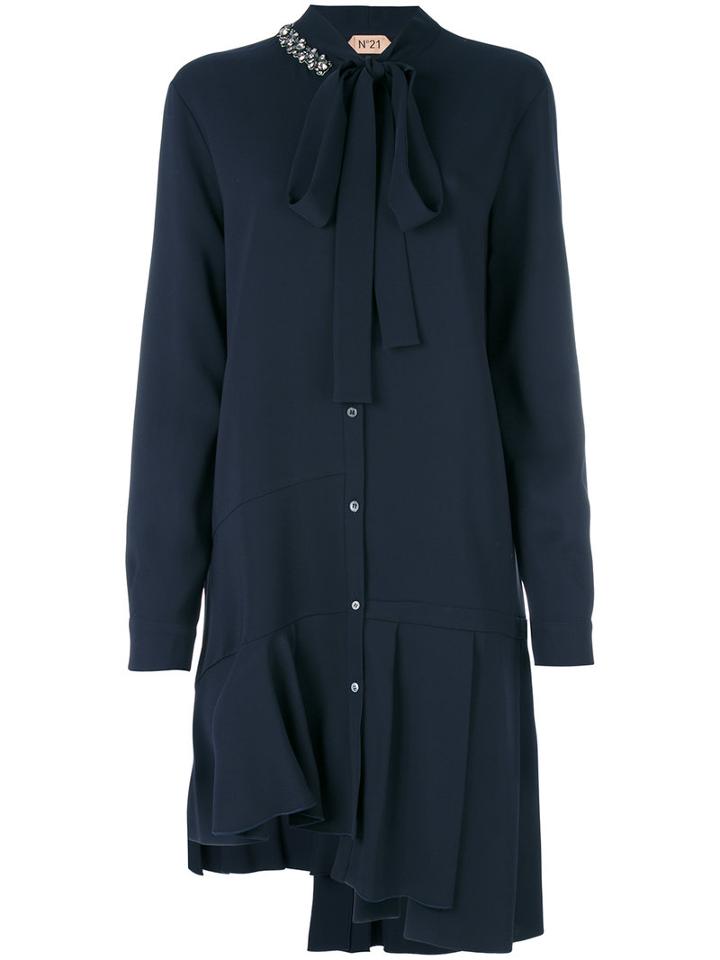 No21 - Embellished Frill-trim Shirt Dress - Women - Silk/spandex/elastane/viscose/glass - 44, Blue, Silk/spandex/elastane/viscose/glass