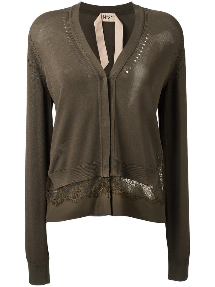 No21 - Lace-detail Cardigan - Women - Silk/polyester/acetate/viscose - 38, Women's, Green, Silk/polyester/acetate/viscose