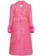 Fendi Houndstooth Double Breasted Coat With Mink Cuff - Pink & Purple