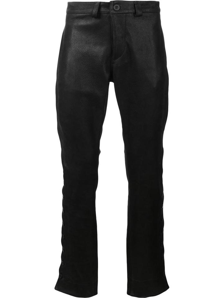 Black Fist Button Knee Leather Pants, Men's, Size: 30, Leather