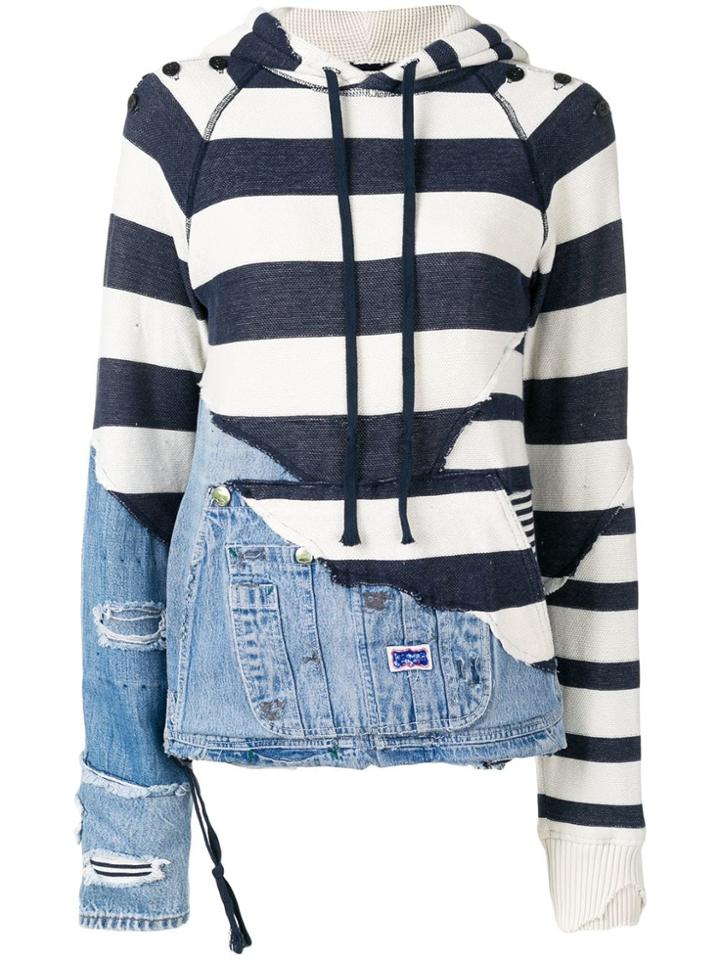 Greg Lauren Striped Panelled Hoodie - Blue