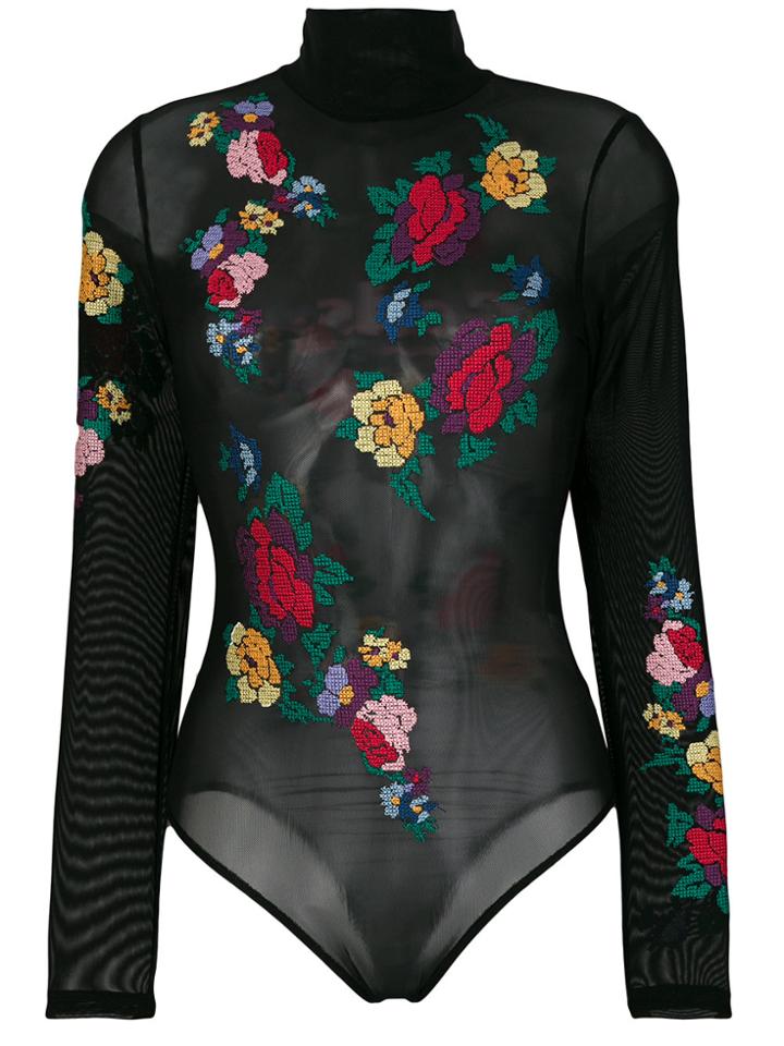 Gcds Sheer Needlepoint Floral Bodysuit - Black