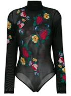 Gcds Sheer Needlepoint Floral Bodysuit - Black