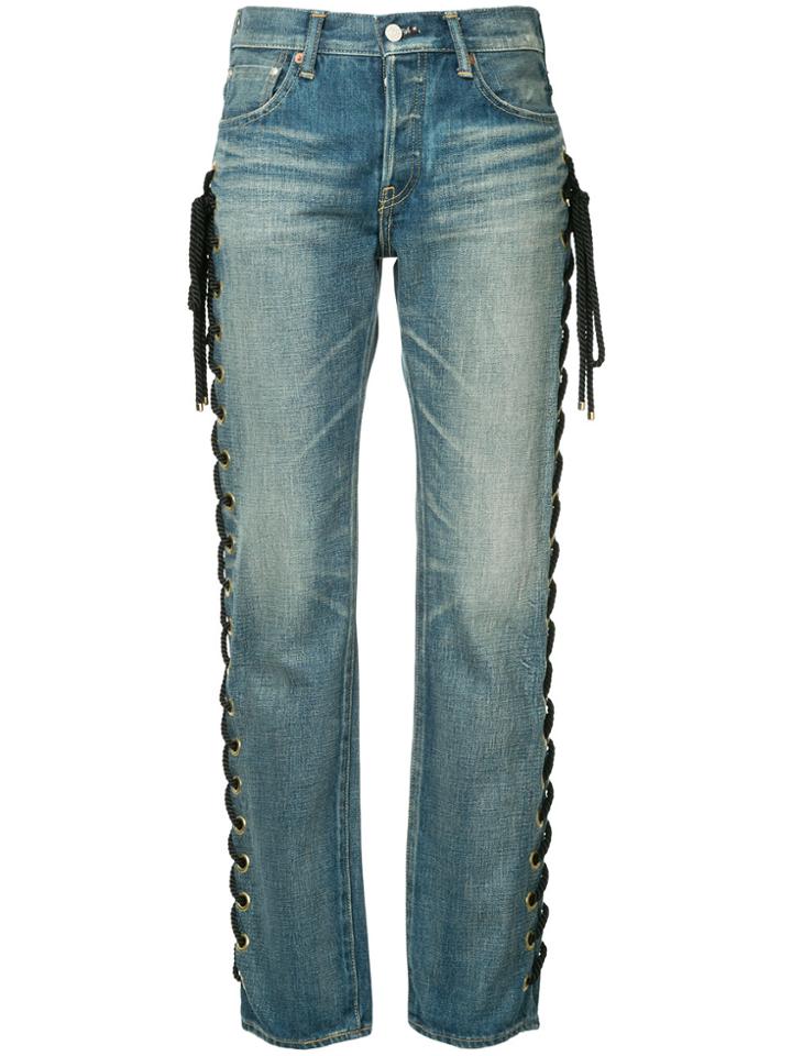 Tu Es Mon Trésor Side Lace-up Eyelet Jeans Short Length - Blue