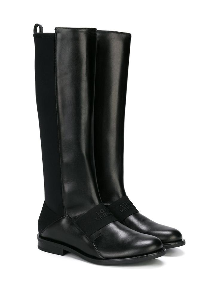 Young Versace Logo Embossed Strap Boots - Black