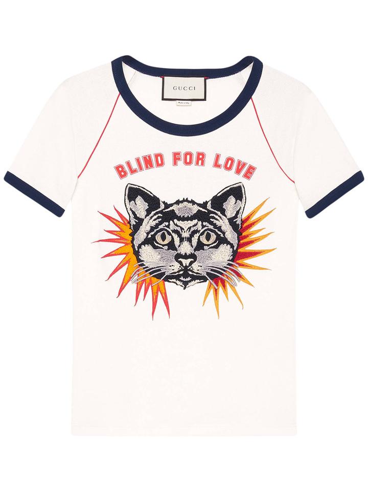 Gucci T-shirt With Cat Appliqué, Women's, Size: Large, White, Cotton