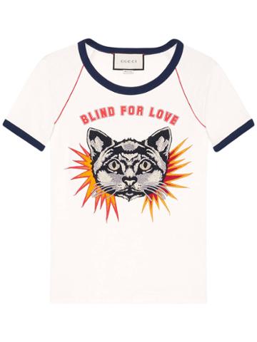 Gucci T-shirt With Cat Appliqué, Women's, Size: Large, White, Cotton
