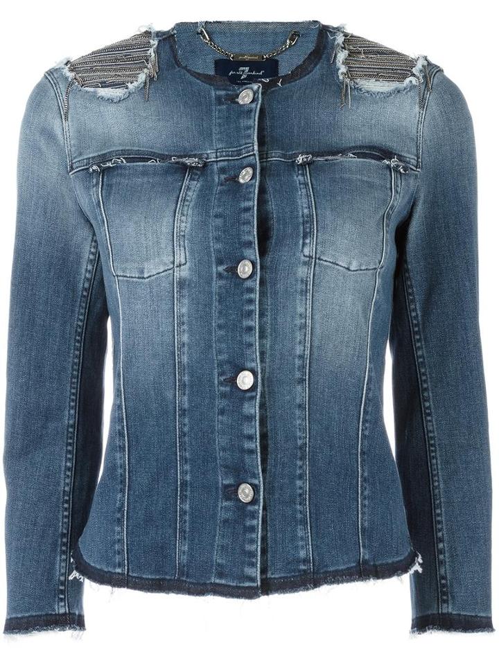 7 For All Mankind Embellished Shoulders Denim Jacket, Women's, Size: Small, Blue, Cotton/polyester/spandex/elastane