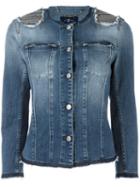 7 For All Mankind Embellished Shoulders Denim Jacket, Women's, Size: Small, Blue, Cotton/polyester/spandex/elastane