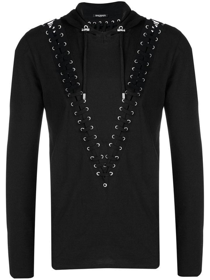 Balmain Lace-up Detail Hoodie - Black