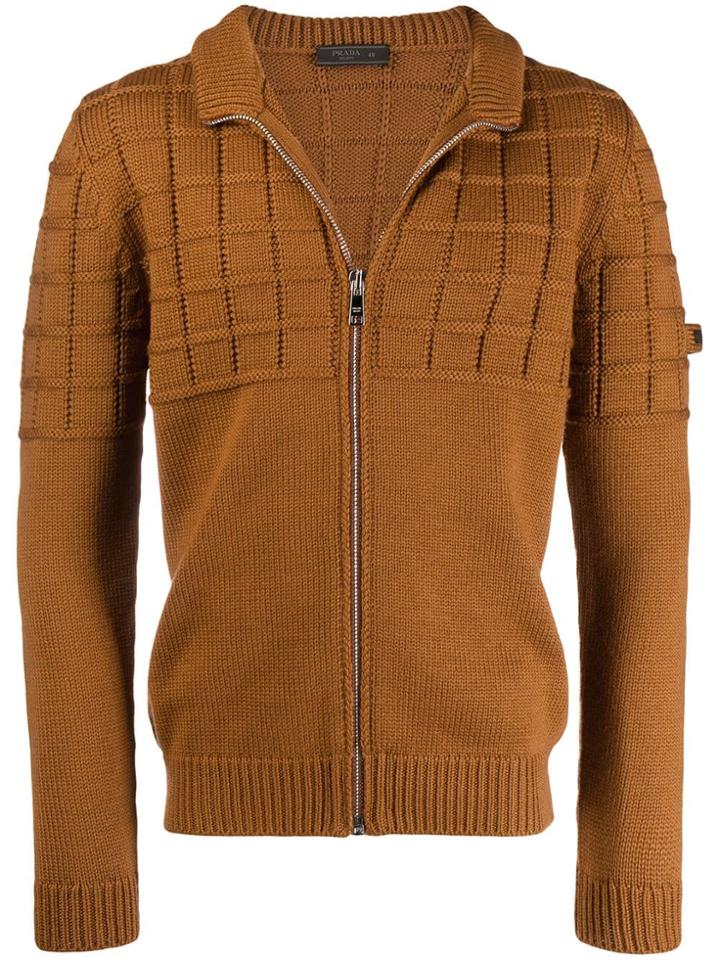 Prada Grid Pattern Zip Fleece - Brown