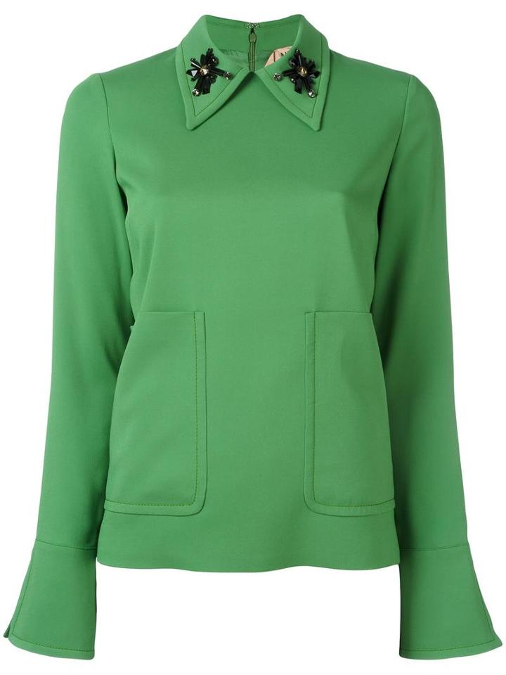 No21 Embellished Collar Longsleeved Blouse, Women's, Size: 40, Green, Viscose/cupro/spandex/elastane/glass