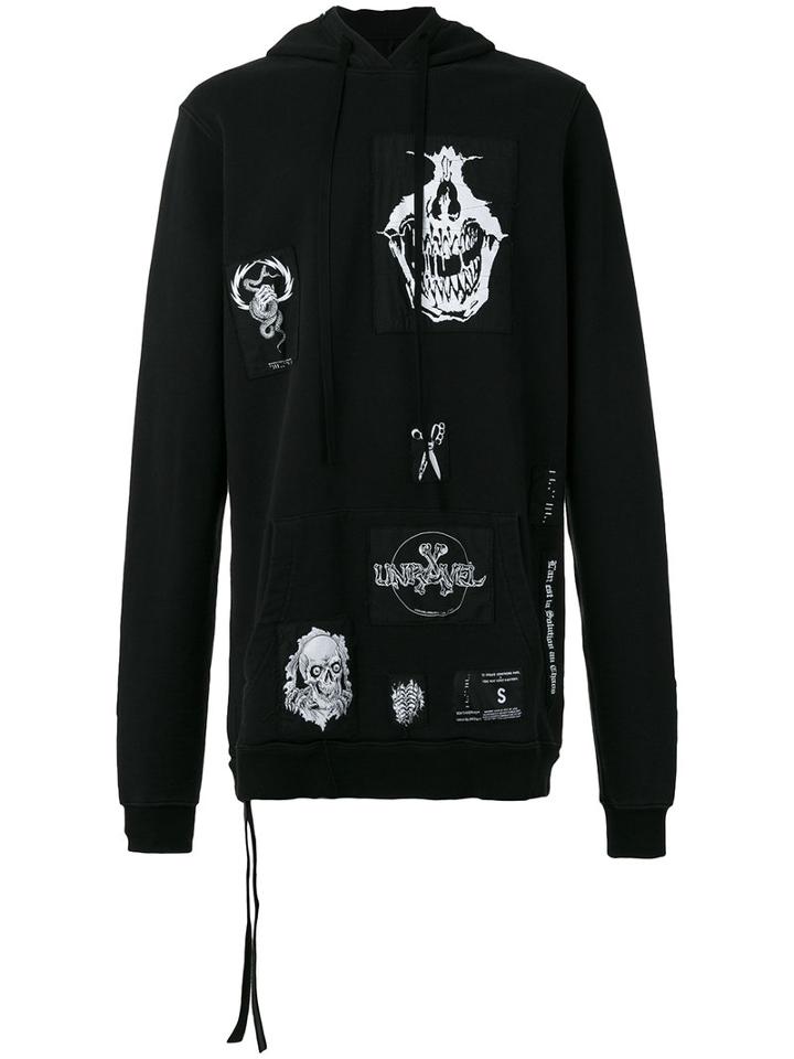 Unravel Project Distressed Patch Hoodie, Men's, Size: Large, Black, Cotton