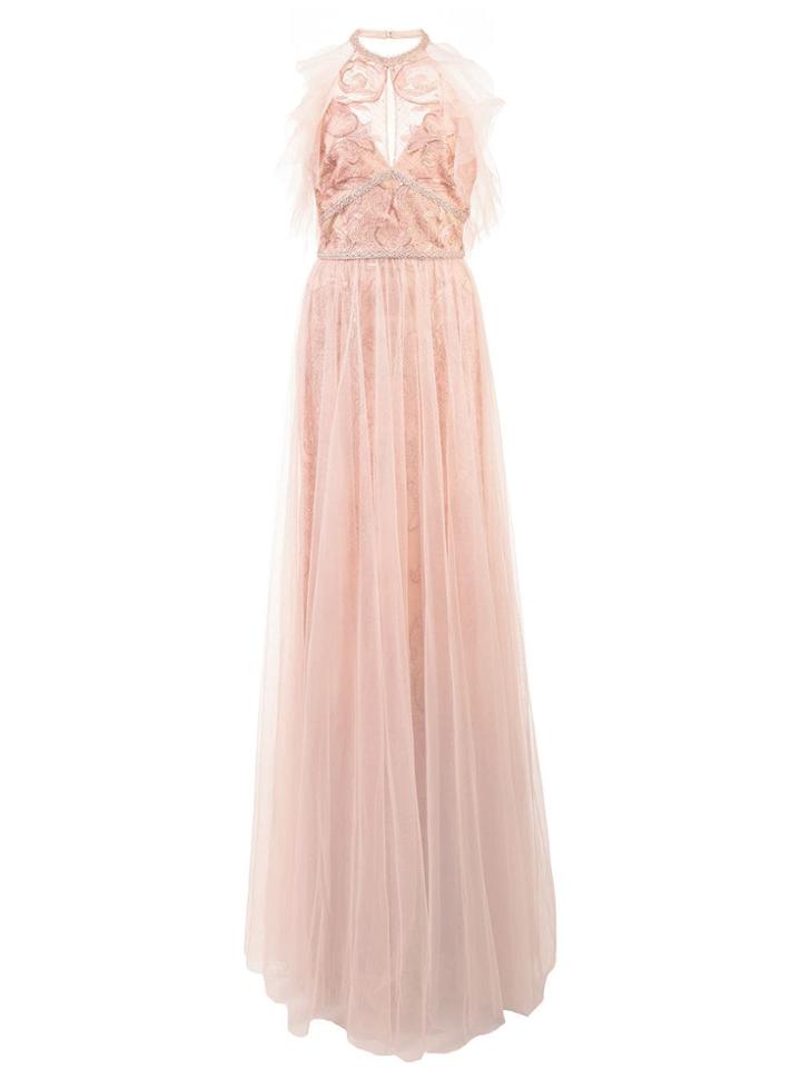 Marchesa Notte Embroidered Halterneck Top Dress - Neutrals