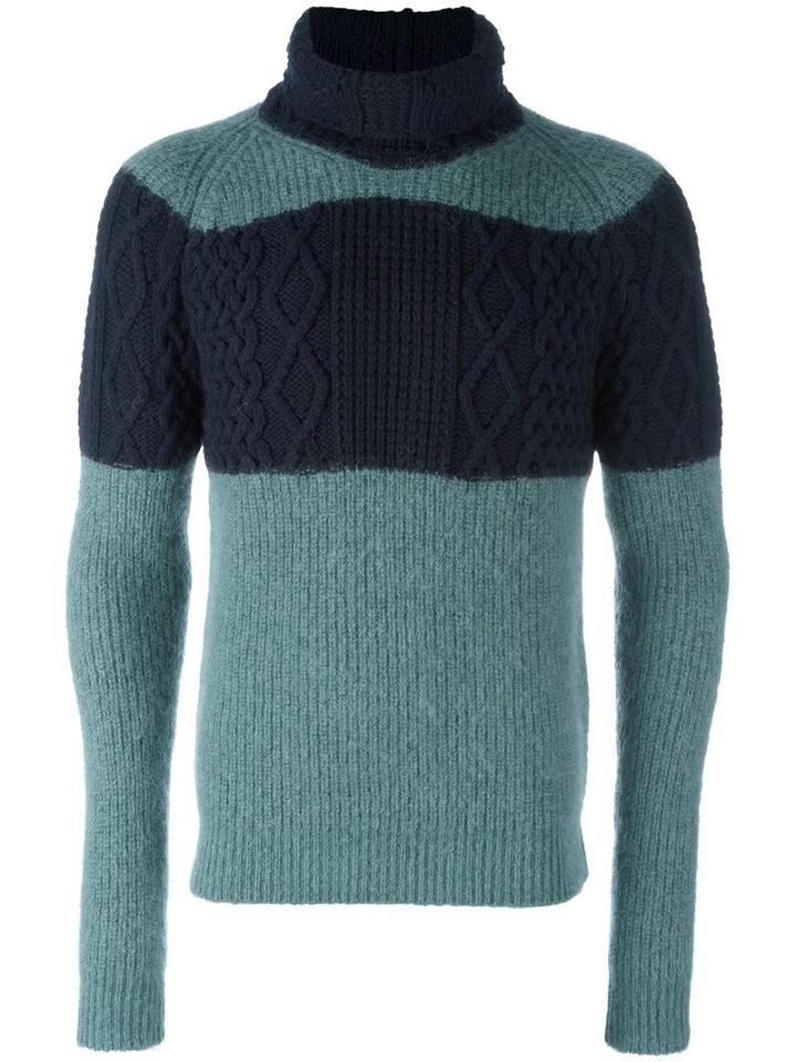 Kolor Striped Cable Knit Jumper, Men's, Size: 5, Blue, Mohair/wool/alpaca