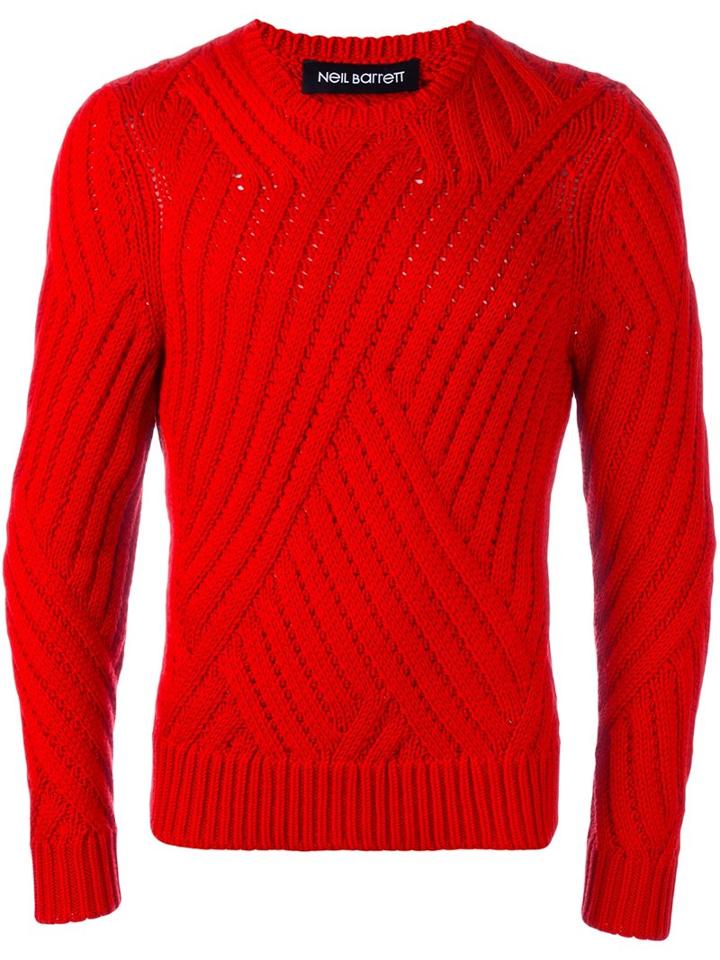 Neil Barrett Contrast Knit Sweater, Men's, Size: Medium, Red, Wool