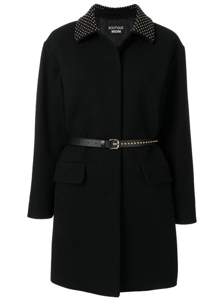Boutique Moschino Studded Collar Belted Coat - Black