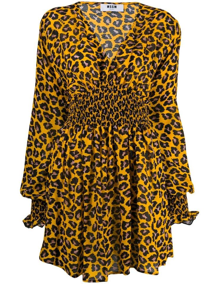 Msgm Leopard Print Ruched Dress - Yellow